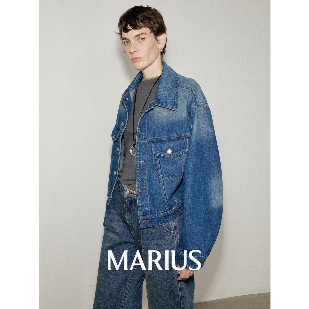 MARIUS"牛仔豆"精梳赛络纺长袖短款宽袖水洗牛仔外套