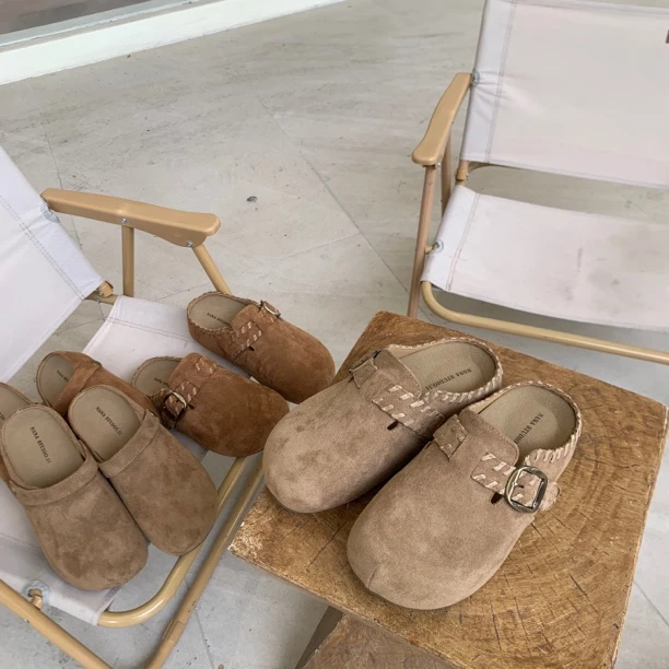 修面皮纯色半拖包头拖秋冬中跟时尚韩版包头秋季复古