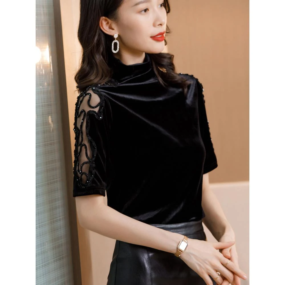 金丝绒黑色女士短袖T恤女夏季2025新款洋气妈妈夏装宽松显瘦上衣