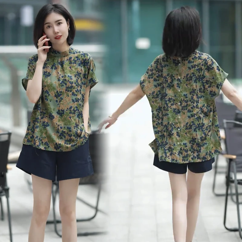 夏季新款百搭休闲洋气印花衬衫时尚显瘦上衣女休闲短裤复古套装女