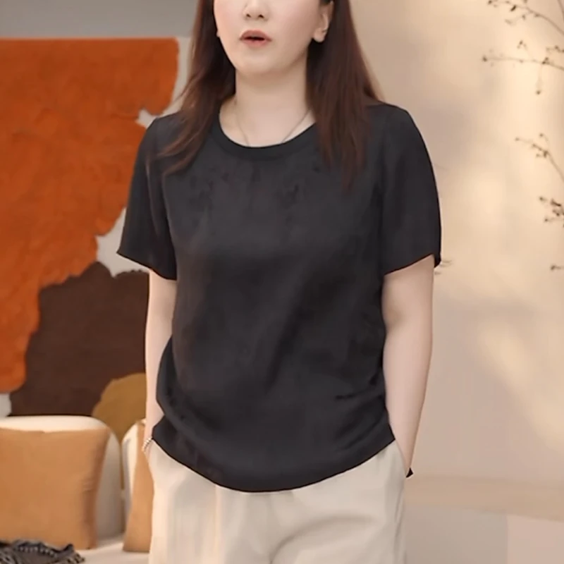 黑色提花短袖女t恤2025夏季时尚洋气减龄别致设计感圆领印花上衣