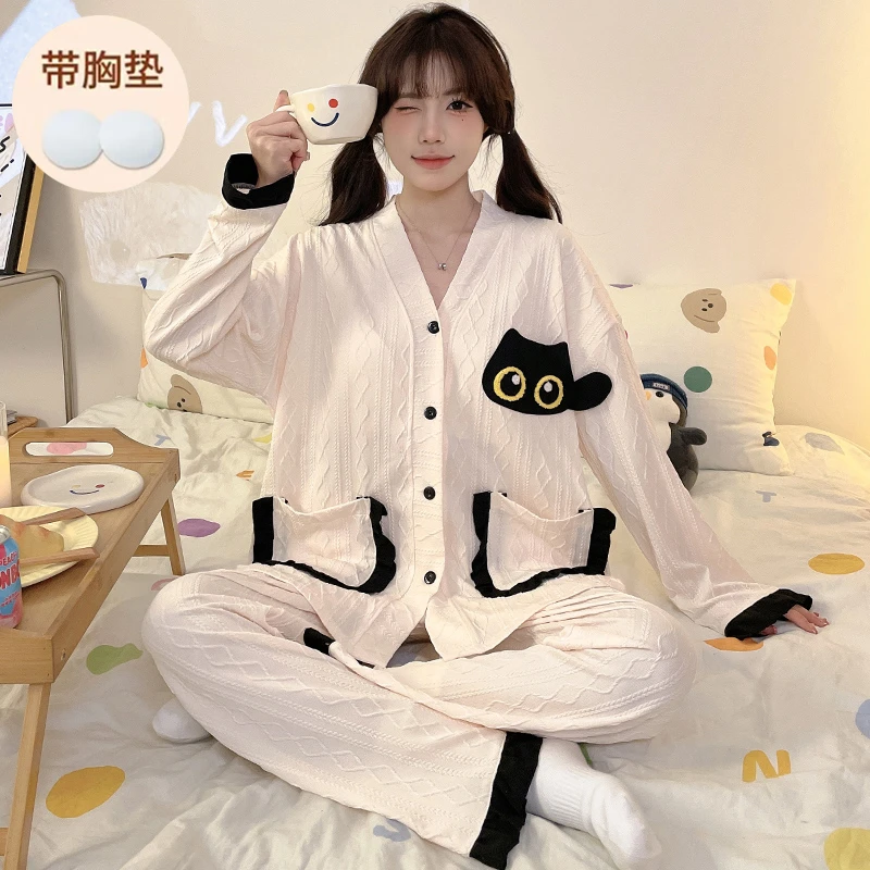 2025新款带胸垫一体可爱睡衣女款春秋季长袖可外穿薄款家居服套装