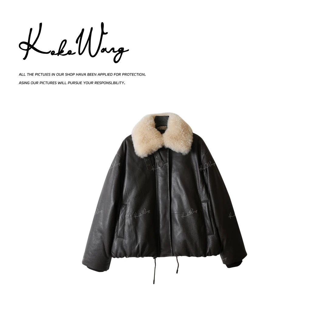 KOKO WANG 秋冬轻奢山羊绒毛领90白鹅绒皮夹克外套 X8095K27W42