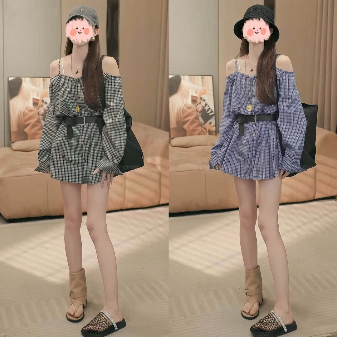 2025秋冬新款纯欲慵懒风格子气质衬衫宽松显瘦防晒长袖舒适连衣裙