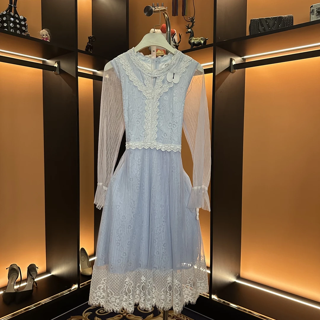 优雅时尚长款女装夏季连衣裙蓝色裙子蕾丝气质轻奢女装连衣裙