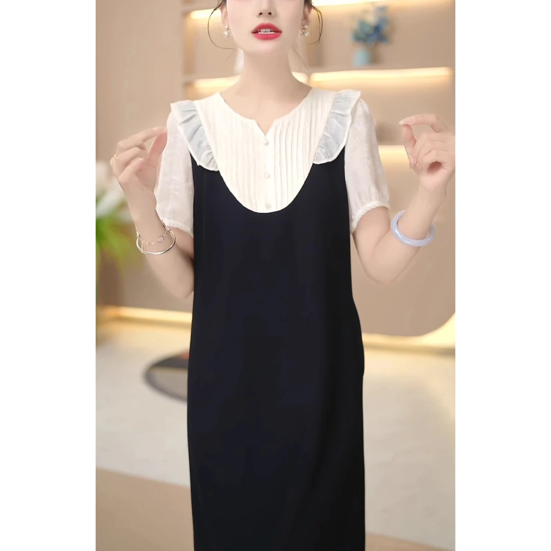 2025夏季新款时尚假两件休闲裙女洋气显瘦拼接荷叶边中长款连衣裙