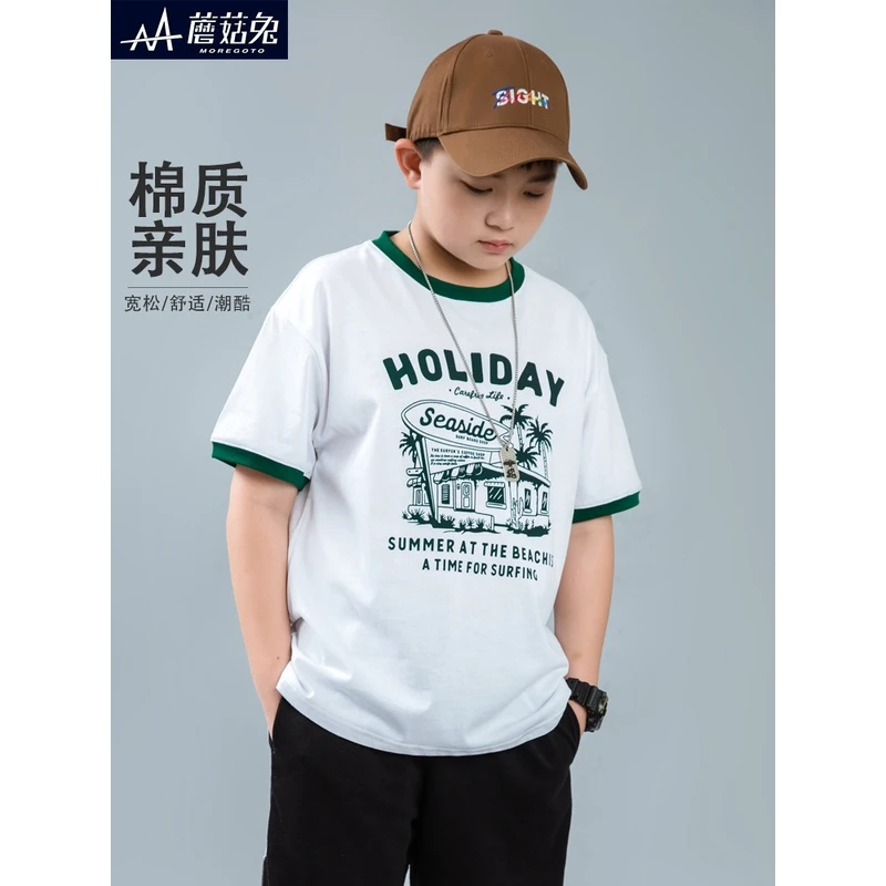 胖男童短袖t恤夏季薄款半袖青少年男孩T恤宽松加肥印花上衣中大童