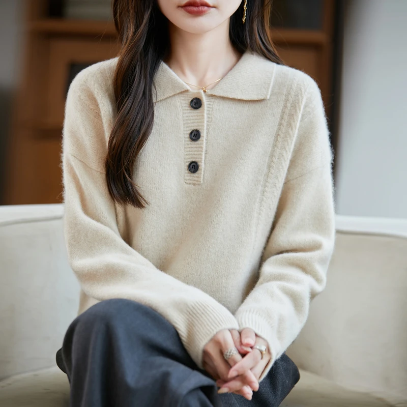 羊毛衫女士POLO领加厚套头短款毛衣宽松百搭针织打底衫新款