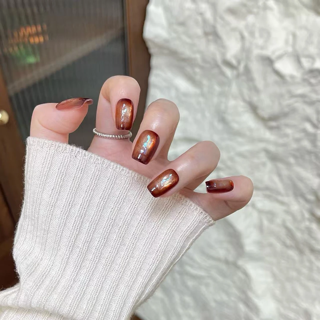 【琥珀追光】复古大方穿戴甲 深咖色晕染猫眼美甲 气质显白甲片10片