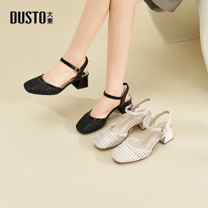 大东编织镂空后空凉鞋女2025夏季新款法式玛丽珍后空高跟鞋0008