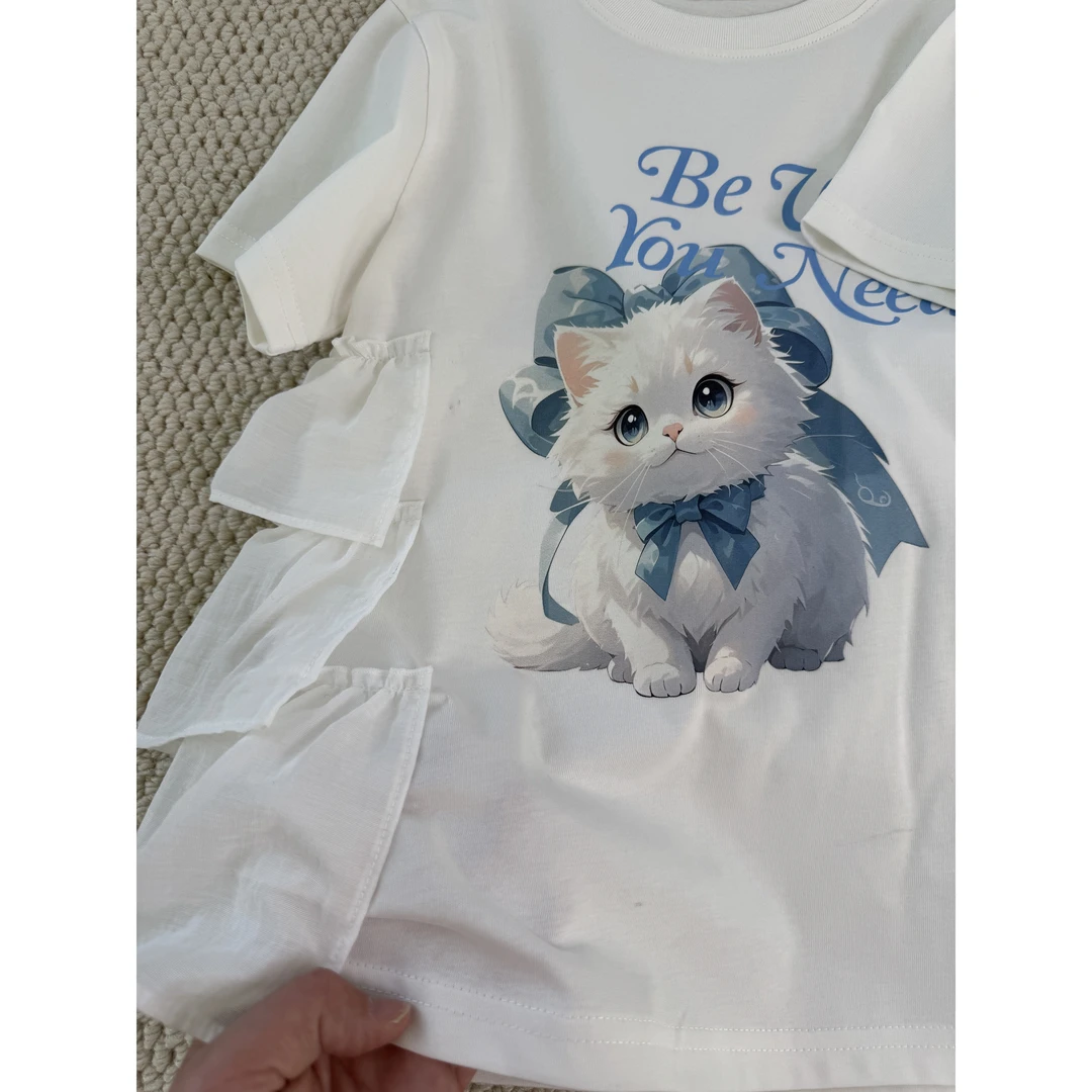 格子女宝宝卡通猫咪女童夏季童装套装蕾丝韩版新款2025344