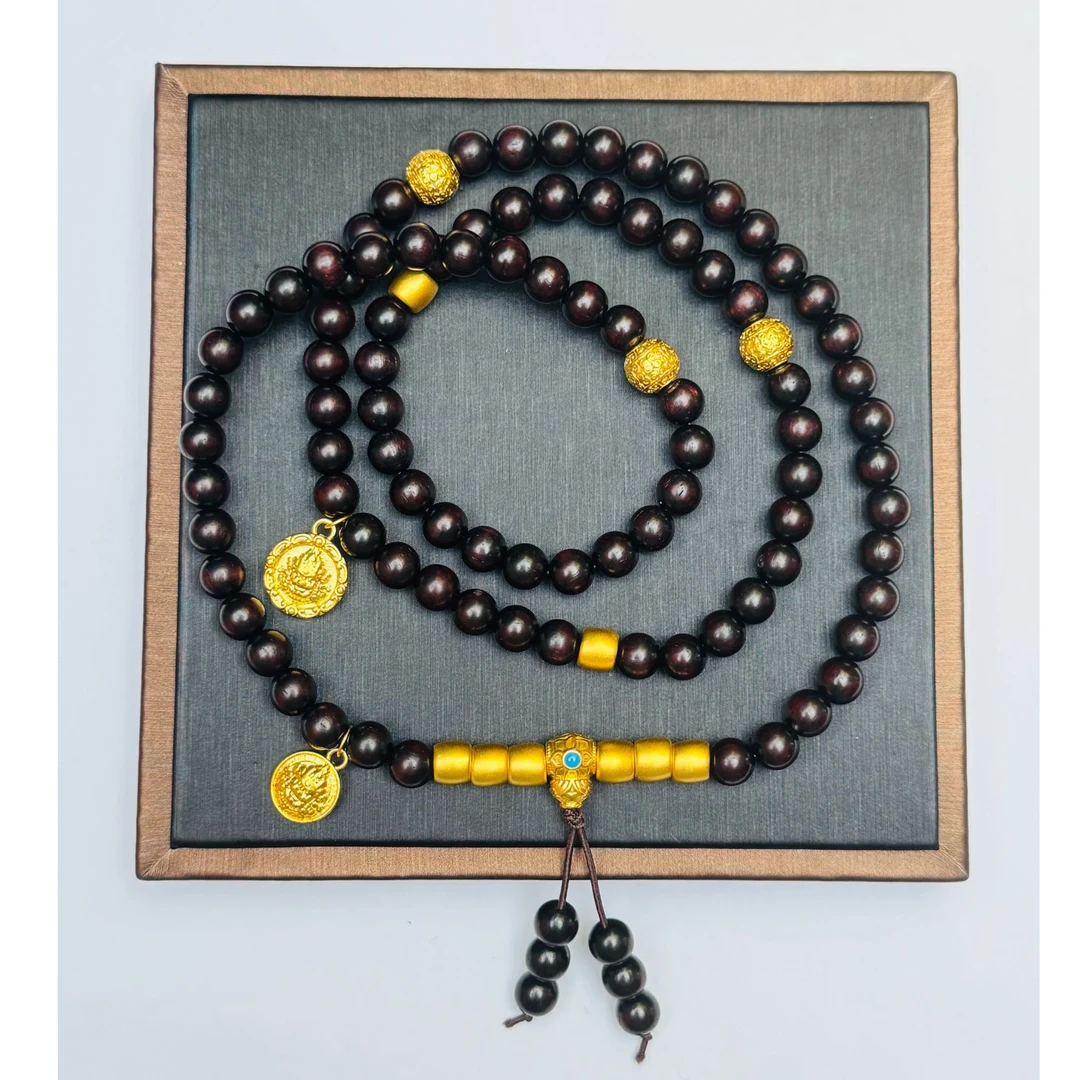 68#足金999   文玩三通葫芦黄财神 配 檀香紫檀