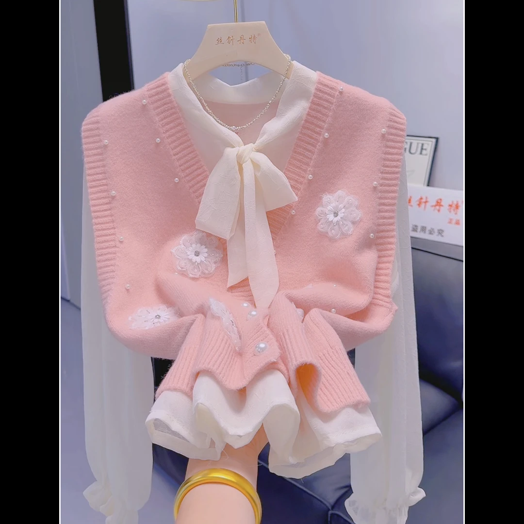 金-春秋新款重工钉珠V领花朵针织马甲女坎肩高级感叠穿背心上衣