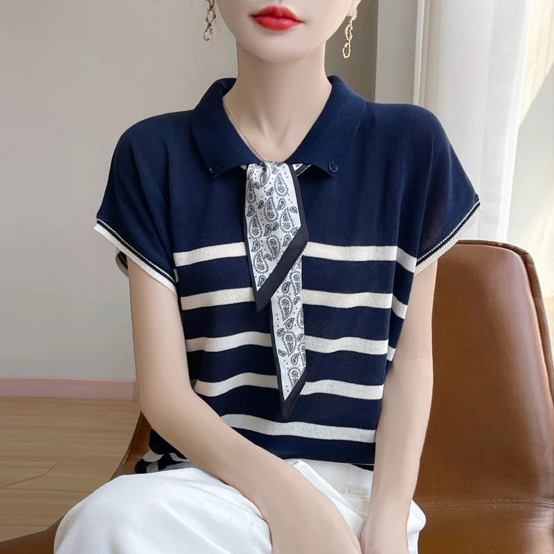 品牌2025夏季新款时尚POLO领丝巾短袖针织T恤百搭宽松显瘦上衣女
