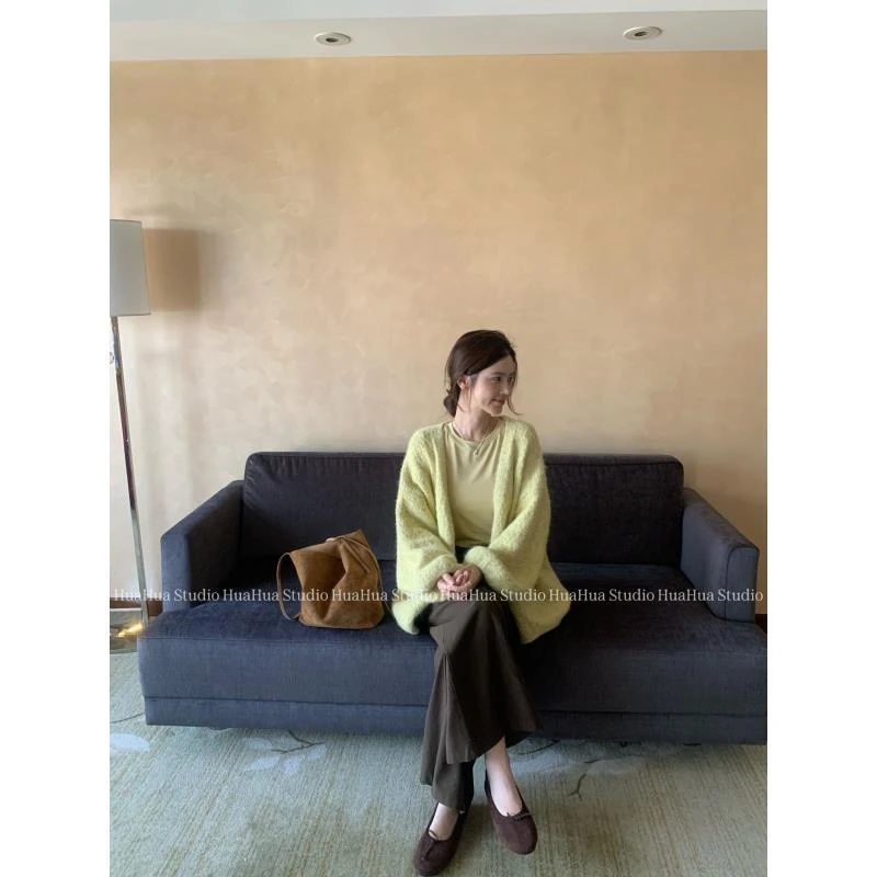 【花花】芥末美~软糯纯色灯笼袖慵懒中长款羊毛针织开衫