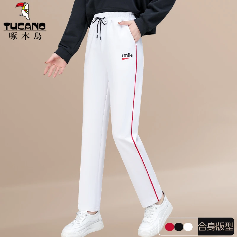 啄木鸟白色裤子女2025新款爆款小个子显高直筒休闲运动裤春秋女裤
