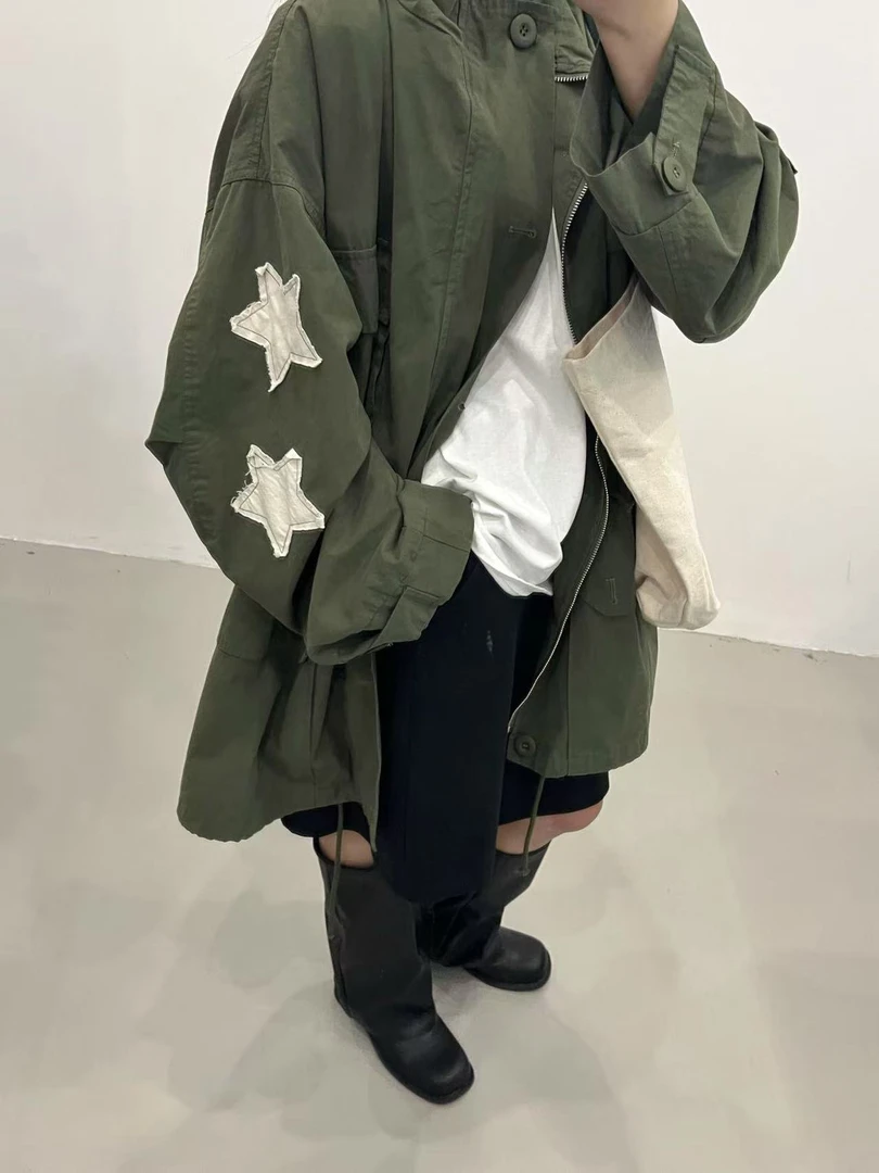 秋冬新款 高级感ins宽松抽绳星星拼接oversize工装风衣外套