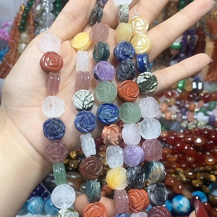 未镶嵌玛瑙/玉髓珠宝半成品多宝双面雕刻玫瑰花卡14mm15颗