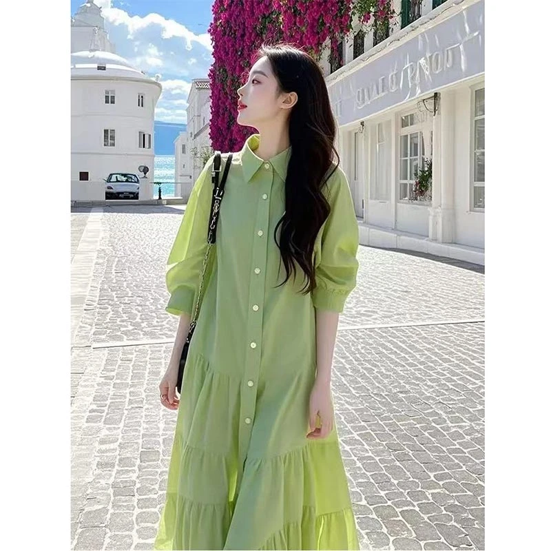 法式爆款多巴胺绿色荷叶边衬衫连衣裙女2025春秋小香风高级感裙子