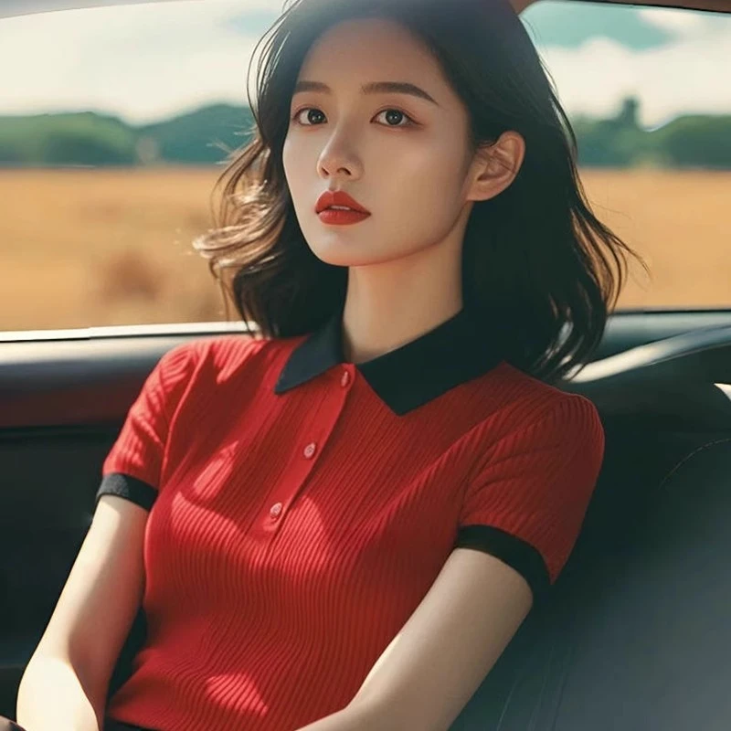 红色拼接翻领针织正肩短袖T恤女2025新款夏韩系独特绝美上衣夏季