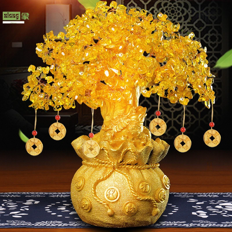 悦希黄水晶发财树招财摆件家居酒柜装饰品客厅电视柜小摇钱树开业