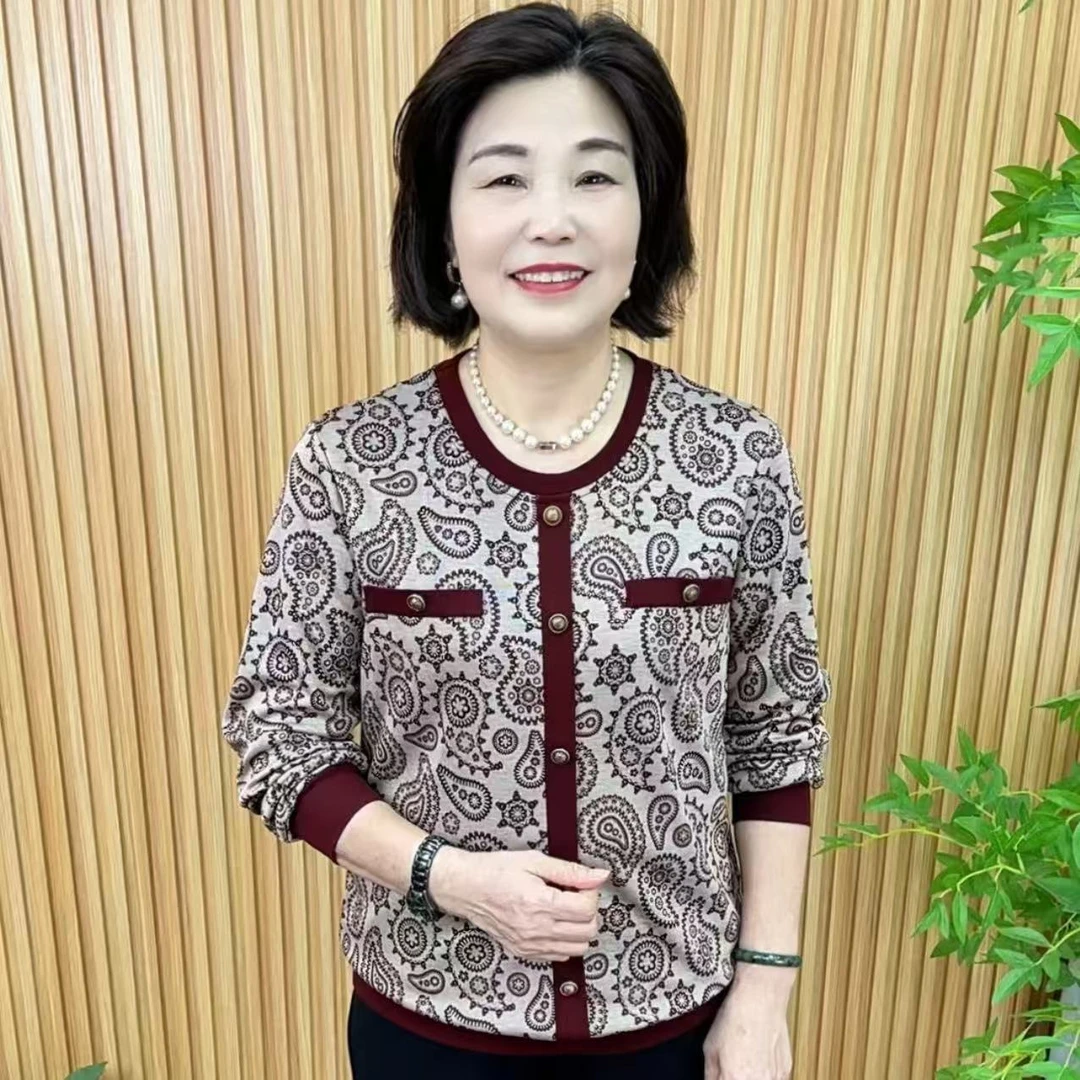 时尚印花针织腰果花中老年女装长袖常规休闲高贵V9962