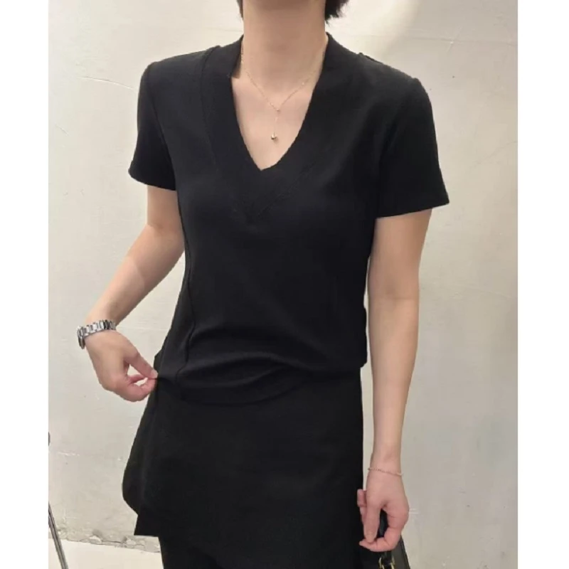 春夏季灰色气质通勤大码修身显瘦百搭上衣新款韩系v领软糯短袖T恤