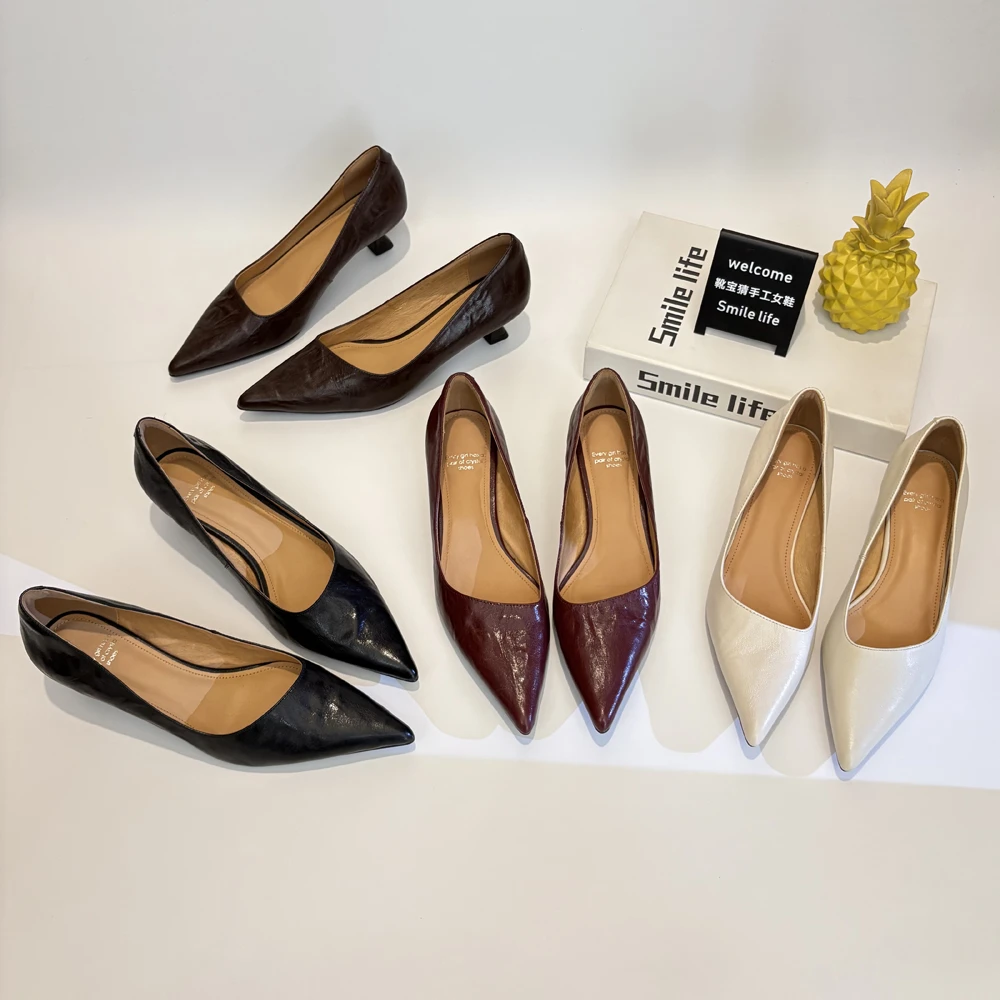4.5cm/33-40码韩版尖头高跟鞋女细跟2025真皮浅口单鞋通勤工作鞋