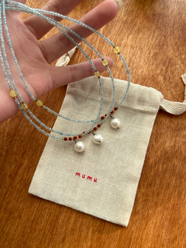 钛钢琉璃吊坠 木木部屋 新中式海蓝蓝白珠吊坠项链