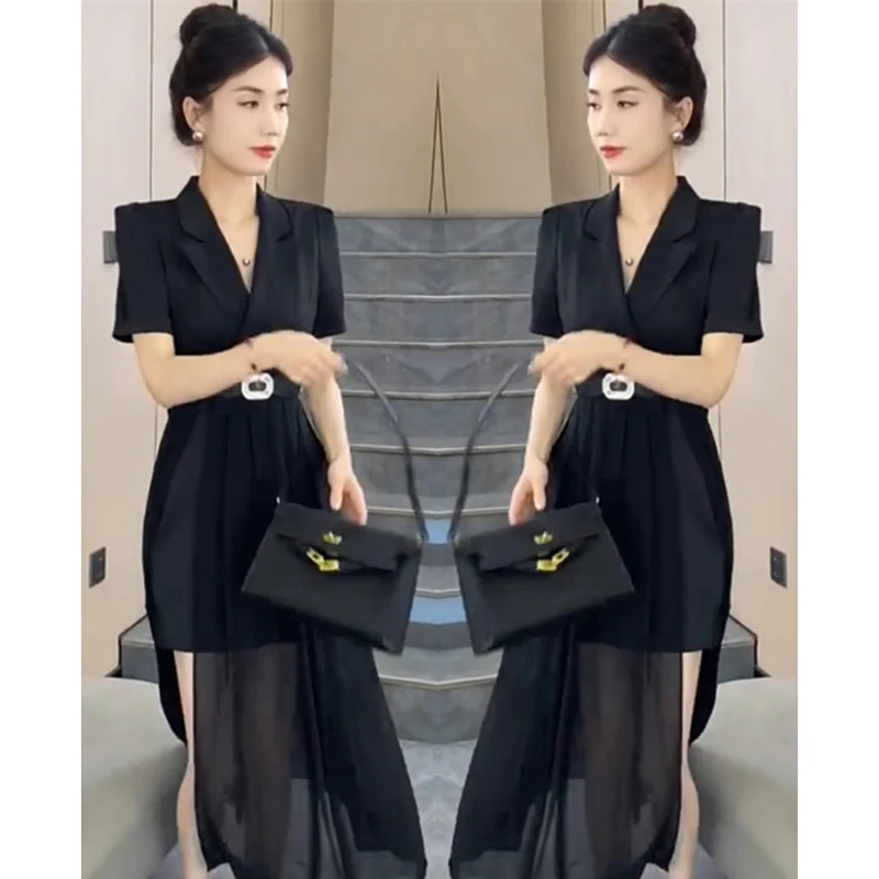 【送腰带】高级感连衣裙女2025新款精致一步裙拼接长纱裙D1681