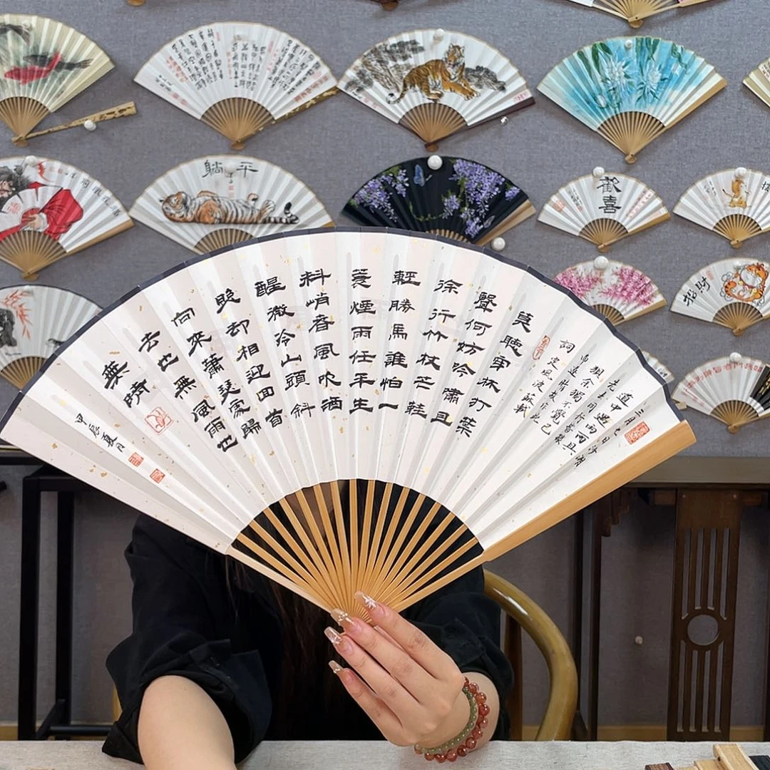 国画95寸玉竹-纯手绘-文玩扇骨（默认粘好）