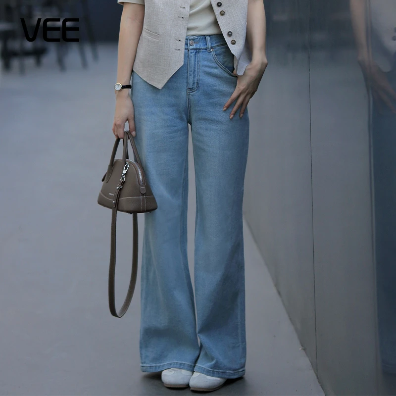 短视频VEE【超模感】高含棉精裁显瘦显高弹力中腰直筒喇叭裤牛仔裤
