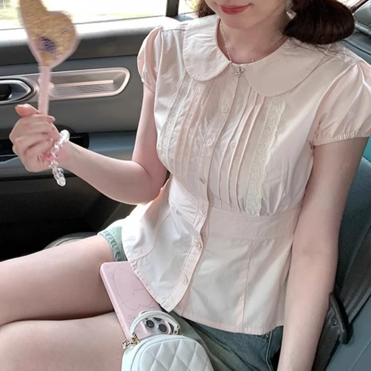 韩系温柔风粉色娃娃领收腰短袖衬衫女夏季设计感减龄蕾丝粉色衬衫
