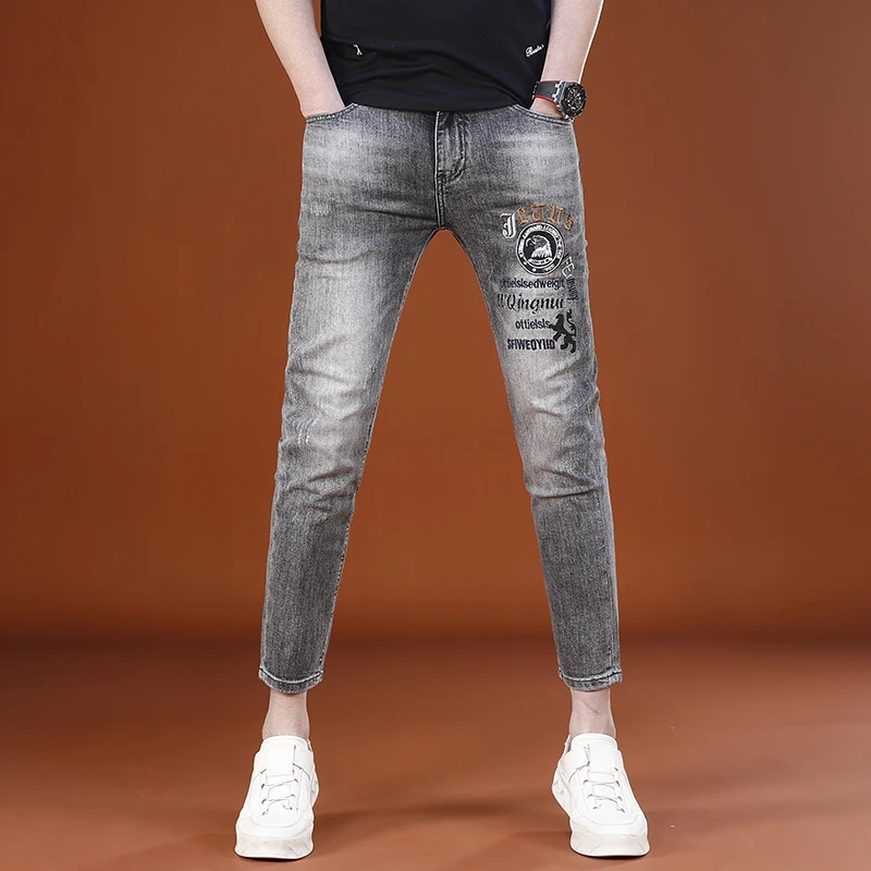 2025新款爆款高端刺绣九分牛仔裤男夏季薄款潮流弹力修身小脚裤子