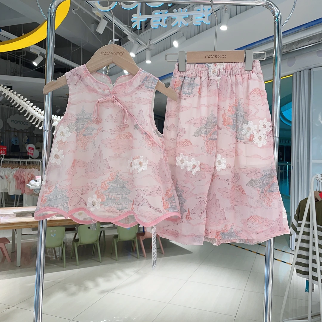 MOMOCO新款夏季新中式洋气粉黛佳人印花七分裤套装77620580079