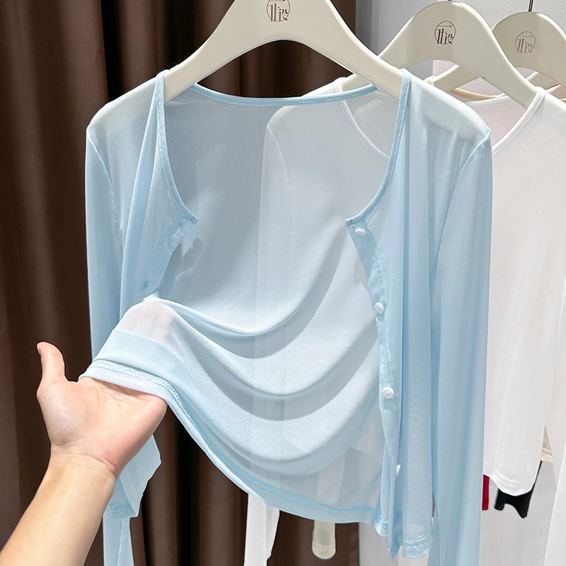 蓝色薄纱长袖开衫轻薄透气2025夏季新款气质温柔风韩系外搭上衣