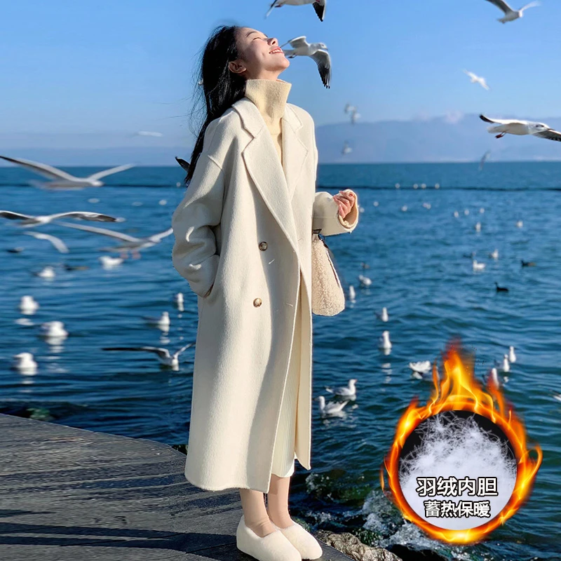 羽绒加厚内胆双面呢子大衣女秋冬季爆款韩系高级感中长款毛呢外套