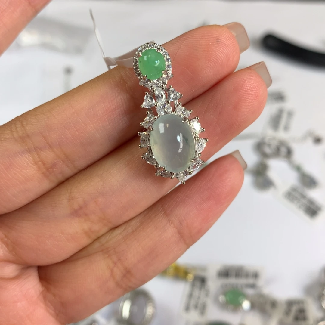 翡翠银S925镶嵌戒指吊坠