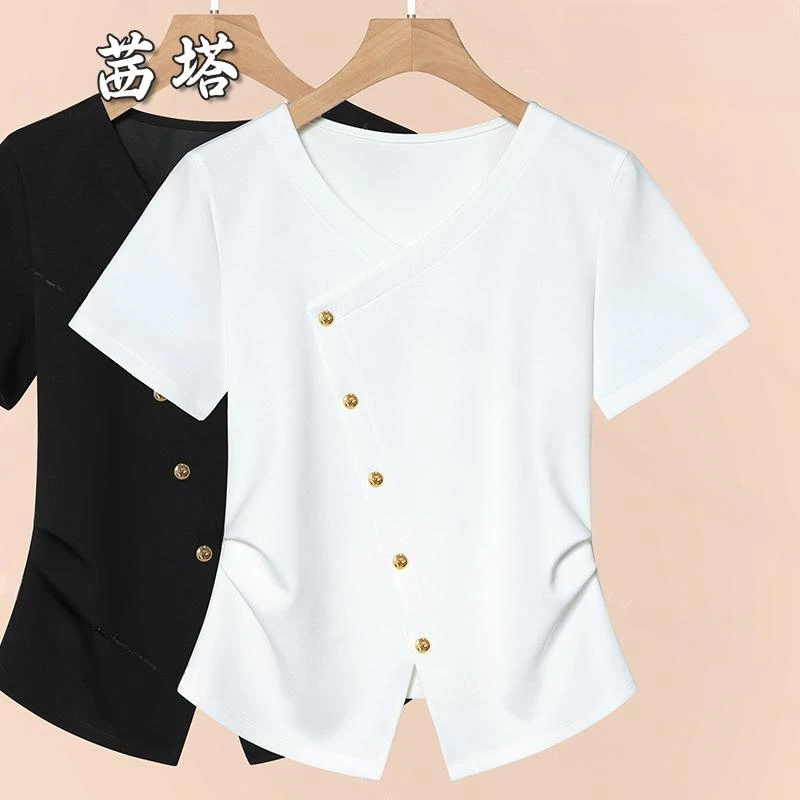 时尚短袖T恤女2025夏季时尚新款不对称纽扣开叉显瘦上衣洋气时髦