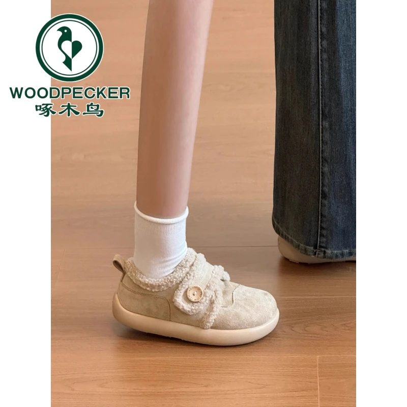 啄木鸟加绒米白色棉鞋2025年秋冬内增高勃肯鞋防滑圆头丑萌毛毛鞋