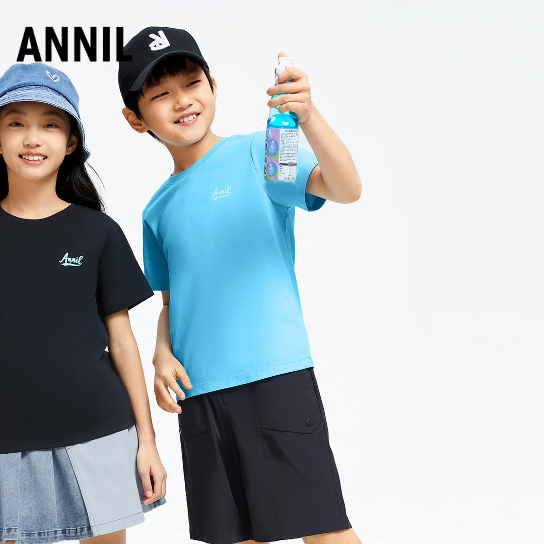 安奈儿男女童轻薄柔软圆领短袖针织衫2024夏新款