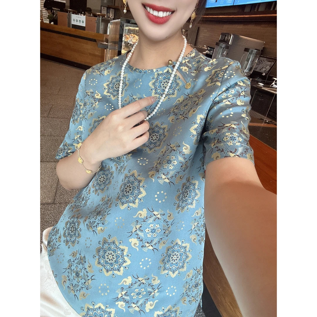 【深圳罗依】原创真丝衬衫女新中式非遗桑蚕丝宋锦提花气质短袖上衣