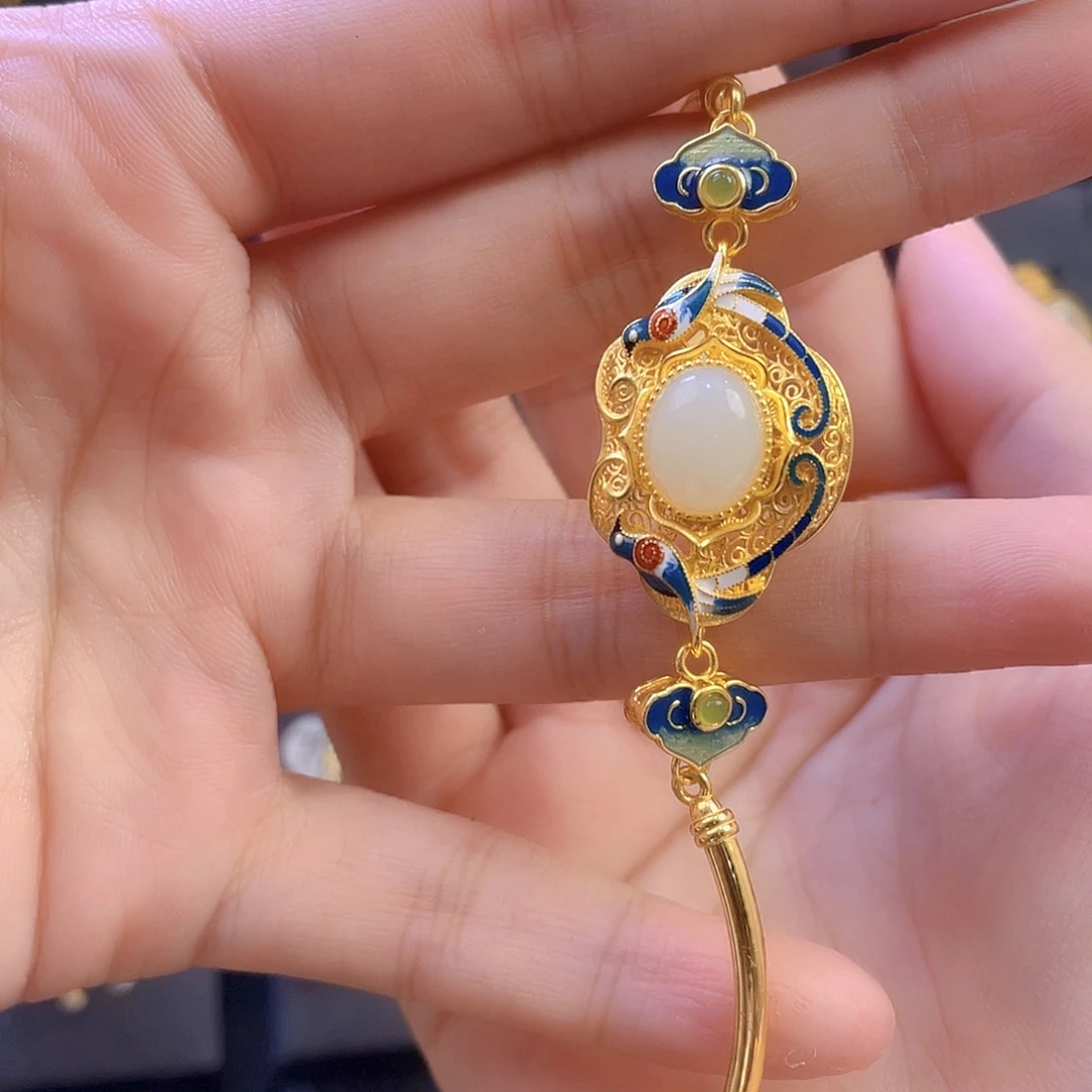 和田玉手链银S925镀金镶嵌