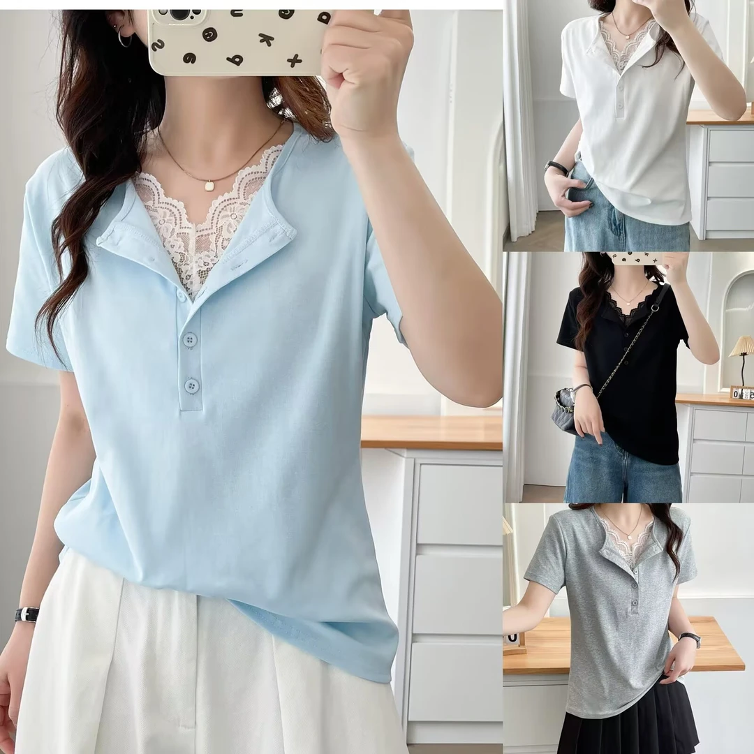 夏季大码女装胖MM假两件蕾丝拼接时尚弹力短袖T恤女士休闲上衣