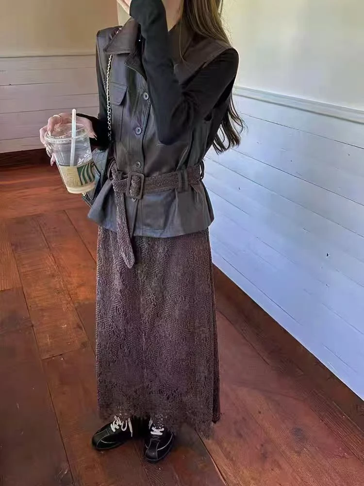 皮衣马甲套装女欧洲站2025夏季新款减龄高腰蕾丝半身裙两件套686