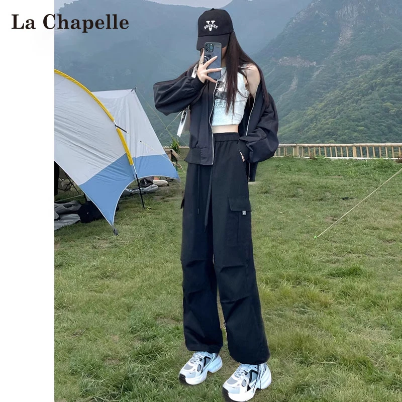 拉夏贝尔黑色美式工装裤女春秋2025新款高腰宽松阔腿登山运动裤子