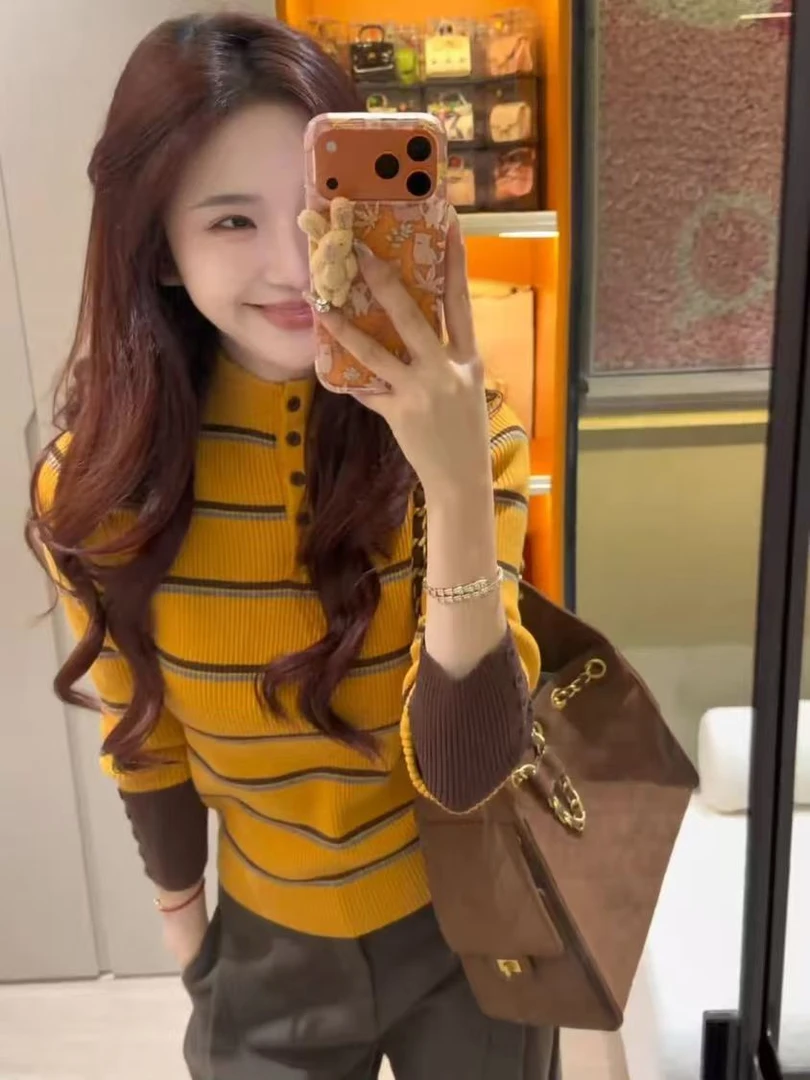 韩系撞色条纹毛衣半高领打底针织衫女秋冬修身显瘦高级感内搭上衣