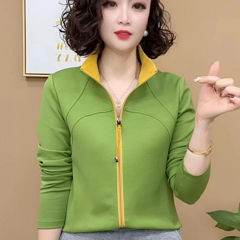 2025拉链纯色开衫长袖女春季卫衣常规袖POLO领显瘦休闲修身