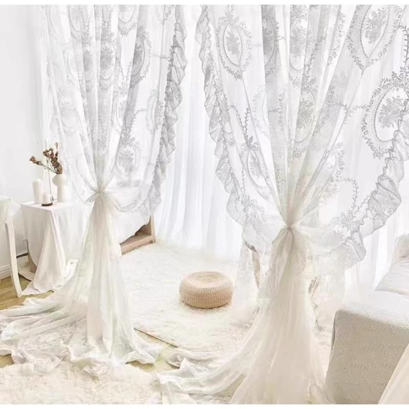 【圆镜花蕾丝木耳边】窗纱客厅飘窗隔断帘装饰品透光不透人