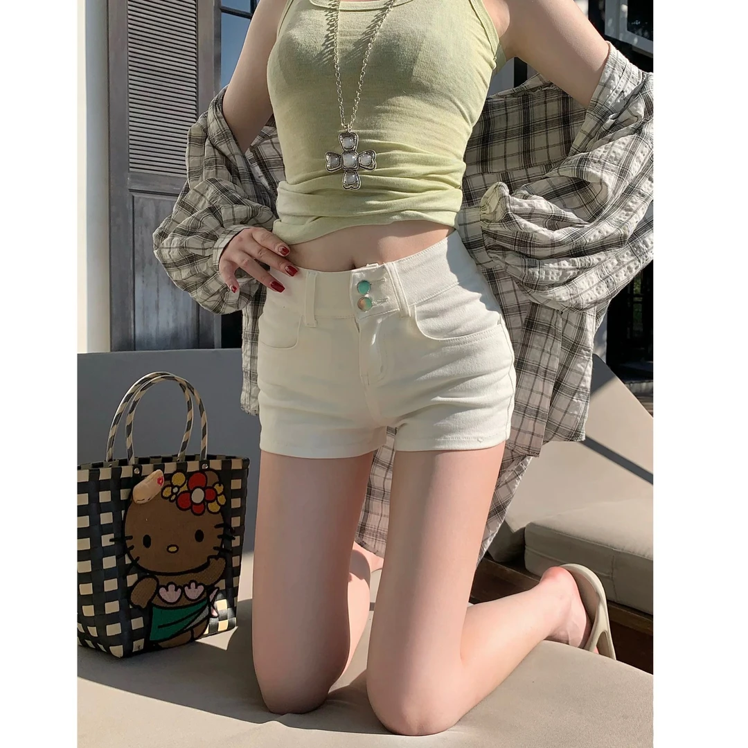 【叶子yez】白色短裤显瘦牛仔辣妹高腰夏紧身外穿弹力设计感热裤子